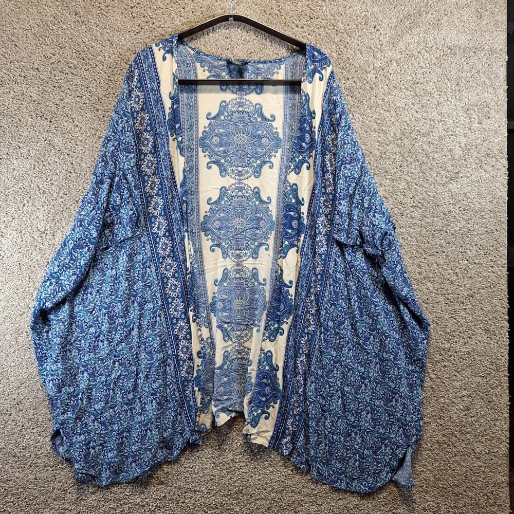 Angie Kimono Women 1X-3X Blue‎ Open Front Rayon Cardigan Wrap Boho Casual